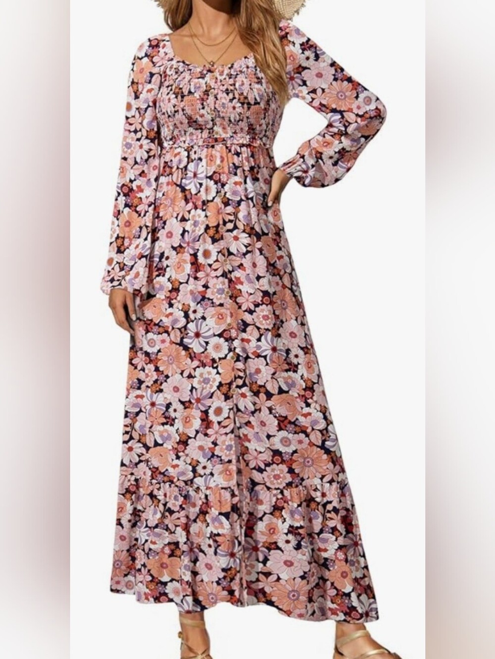 Smocked Floral SLIT FRONT- Maxi Dress in Peach and Mauve